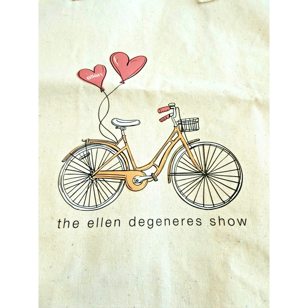Ellen Degeneres TV Show Grocery Muslin Tote Bag Bicycle w/ Hearts & Balloons 15"